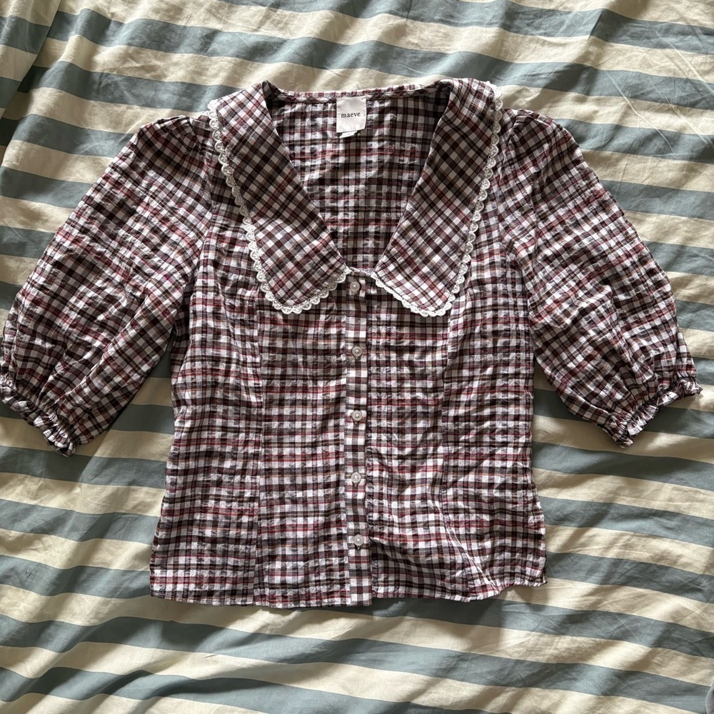 Anthropologie Maeve Button Down Shirt with Peter Pan Collar and Puff Sleeves S - Picture 2 of 5